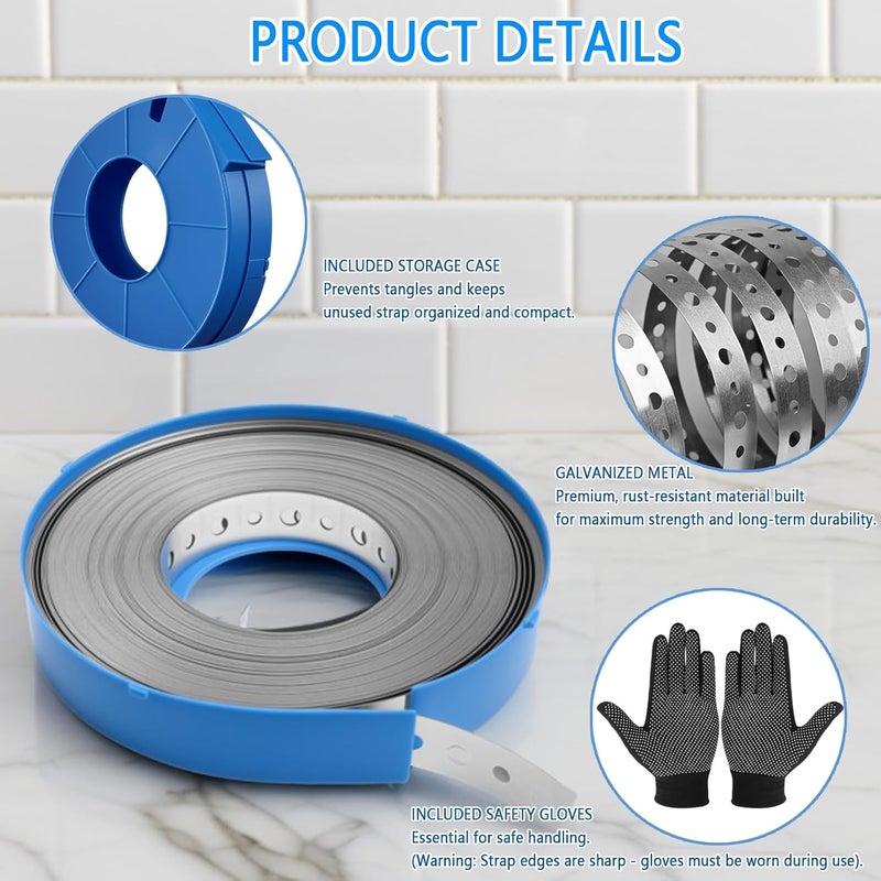 Yucime Galvanized Metal Pipe Strap 3/4" x 66 FT, 32-Gauge - Metal Hanger Strapping with Holes for Pipe Support, Flexible Trimming | Includes Storage Case & Gloves (66 FT) - Image 3